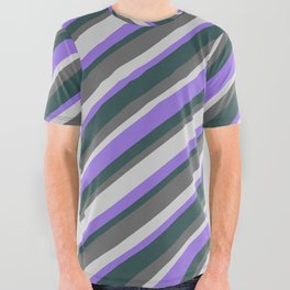 [ Thumbnail: Purple, Dark Slate Gray, Dim Gray, and Light Grey Colored Lined Pattern All Over Graphic Tee ]