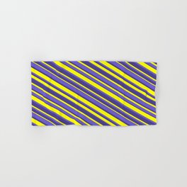 [ Thumbnail: Yellow, Slate Blue, and Dark Slate Blue Colored Lined/Striped Pattern Hand & Bath Towel ]