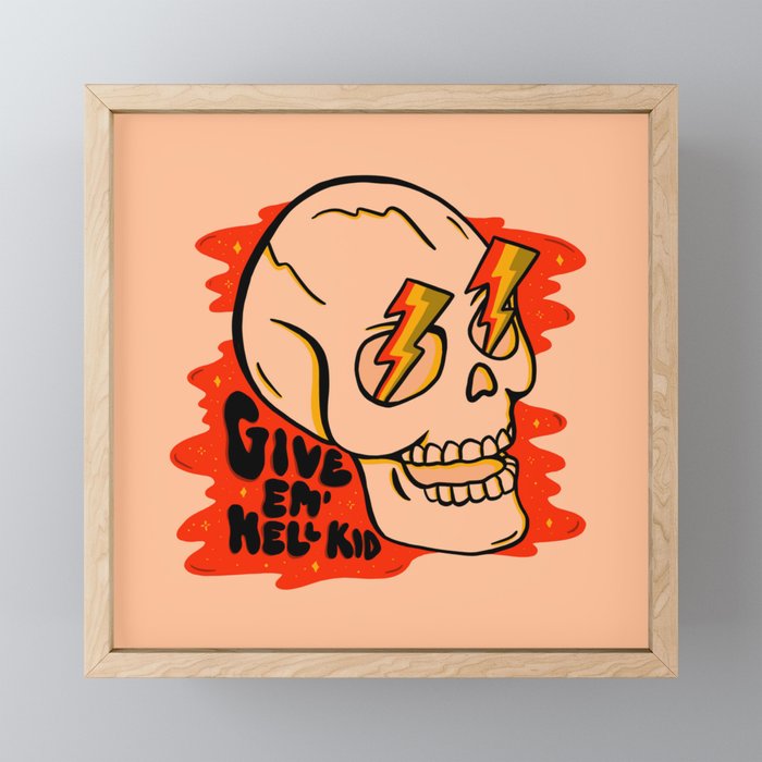 Give 'Em Hell Framed Mini Art Print | Graphic-design, Typography, Skull, Hand-lettered-type, Lightning, Emo, Rock, Halloween, Vintage, Retro