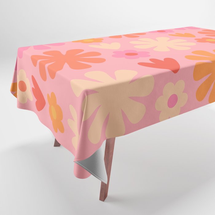 Scandi Floral Grid Retro Flower Pattern Pink Orange Cream Tablecloth