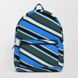 [ Thumbnail: Blue, Light Yellow, Dark Slate Gray & Black Colored Striped/Lined Pattern Backpack ]