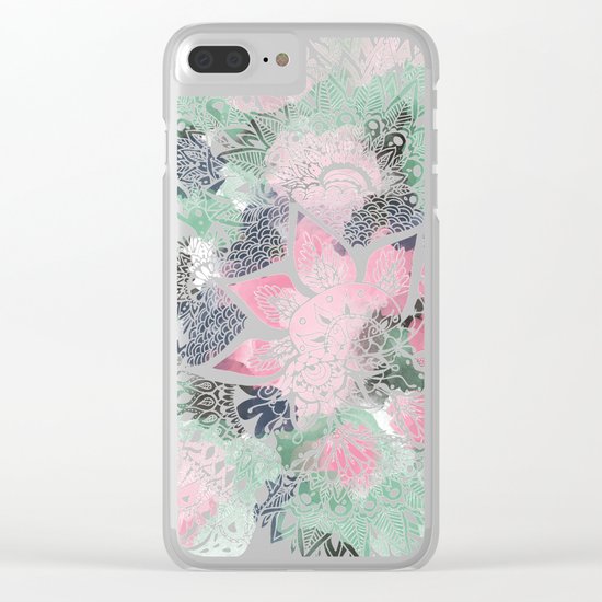 Hand drawn floral mandala pink green garden spring pattern Clear iPhone Case