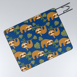 Cute Sloths on Blue, Baby Sloth Hanging Picnic Blanket