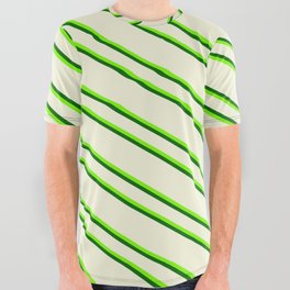 [ Thumbnail: Beige, Green & Dark Green Colored Pattern of Stripes All Over Graphic Tee ]