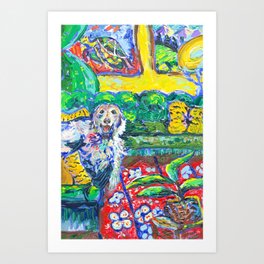 Matisse inspired Dog lounging on a cozy sofa in a bright interior Art Print