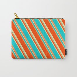 [ Thumbnail: Pale Goldenrod, Dark Turquoise, Brown, and Red Colored Lines/Stripes Pattern Carry-All Pouch ]