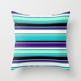 [ Thumbnail: Mint Cream, Dark Turquoise, Indigo, Aquamarine, and Black Colored Striped/Lined Pattern Throw Pillow ]