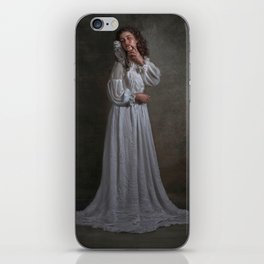 The haunting; young woman in pearl white Victorian gown with snowy owl perched on her shoulder female magical realism portrait photograph / photography iPhone Skin