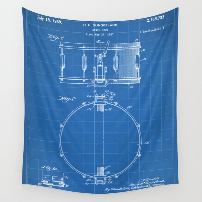 Snare Drum Patent Drummer Art Blueprint Wall Tapestry by Patent