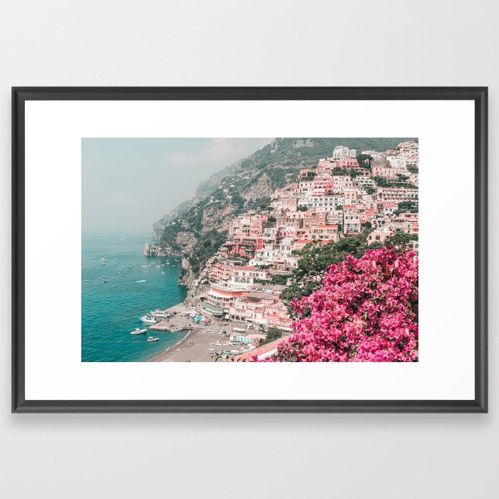 Positano Italy Beach Scenic Pink Flowers Travel Photography Framed Art Print