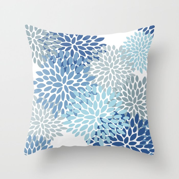 Festive, Floral Pattern, Blue and Gray, Floral Prints Throw Pillow