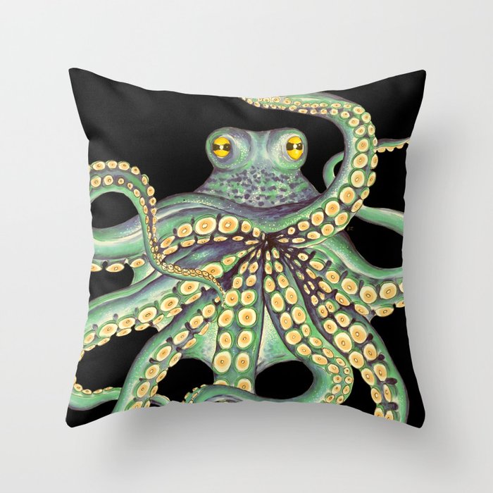 Green Kraken Octopus Ink On Black Nautical Throw Pillow