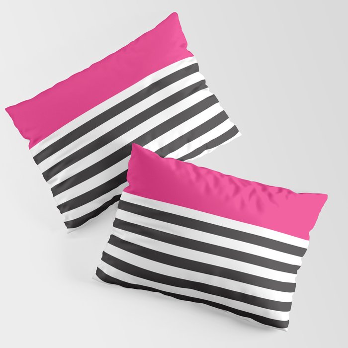 Hot Pink Magenta and Black and White Stripe Pillow Sham