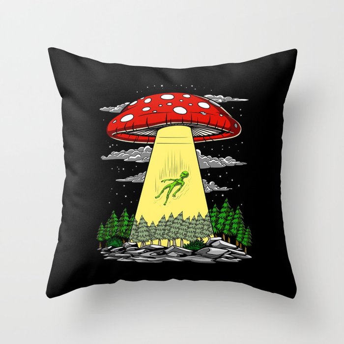 Alien Abduction Magic Mushrooms Psychedelic UFO Throw Pillow