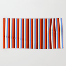 [ Thumbnail: Cornflower Blue, Red, Maroon & Light Yellow Colored Striped Pattern Beach Towel ]
