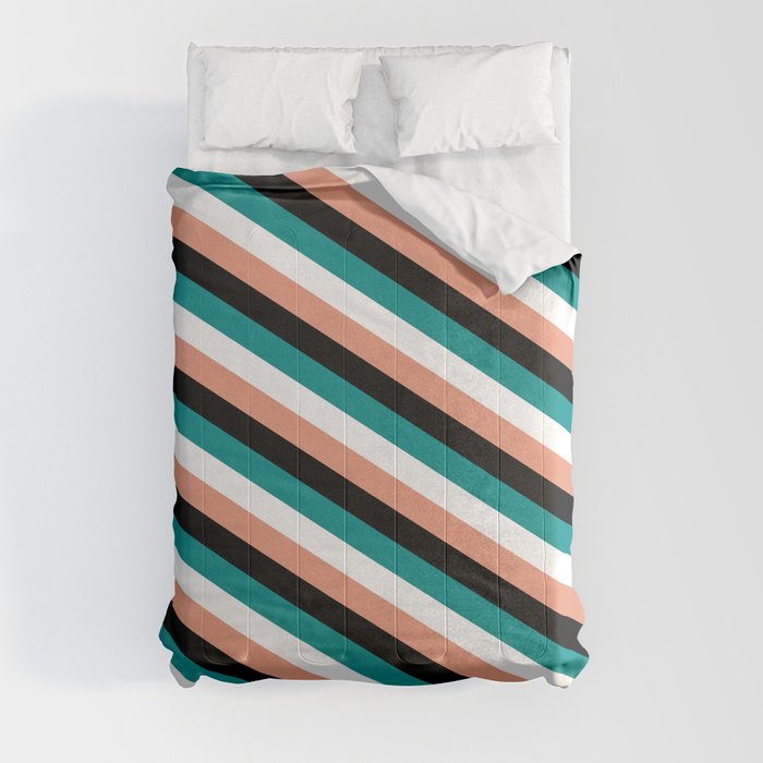 Dark Salmon, Black, Dark Cyan, and White Colored Lines/Stripes Pattern Comforter