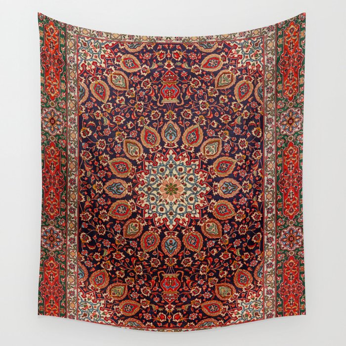 Persian Tabriz Old Century Authentic Multi-Color Black Radial Geometric Vintage Rug Pattern Wall Tapestry