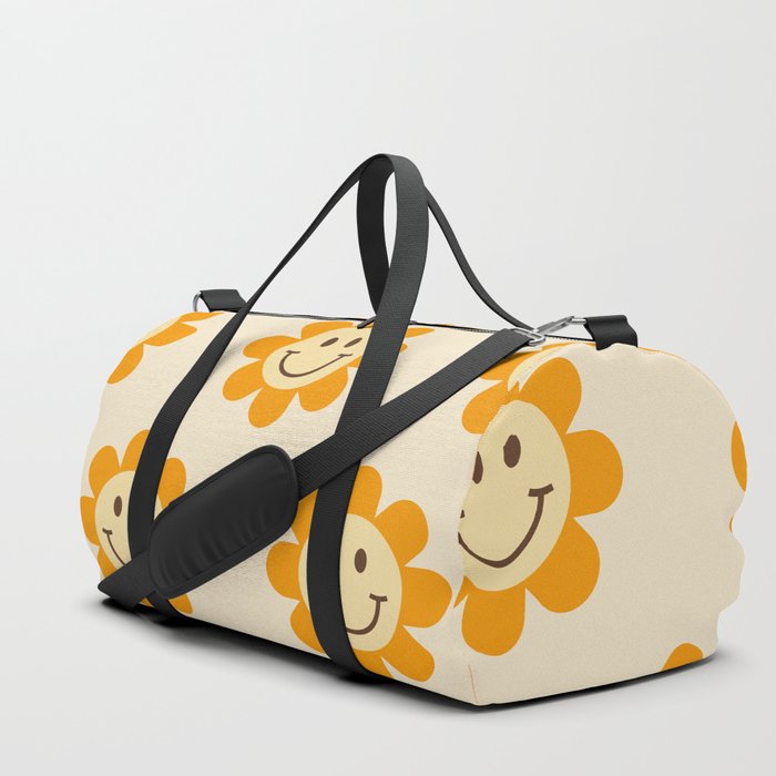 70s Retro Smiley Floral Face Pattern in yellow and beige Duffle Bag