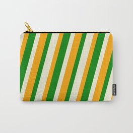 [ Thumbnail: Beige, Orange & Green Colored Lined/Striped Pattern Carry-All Pouch ]