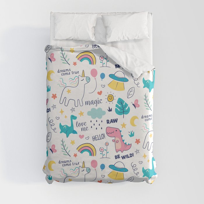 Dinosaur With Unicorn Pattern Duvet Cover