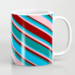 [ Thumbnail: Teal, Deep Sky Blue, Light Pink, and Maroon Colored Striped Pattern Coffee Mug ]