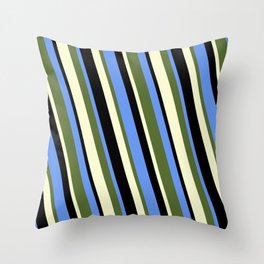[ Thumbnail: Cornflower Blue, Dark Olive Green, Light Yellow, and Black Colored Lines/Stripes Pattern Throw Pillow ]