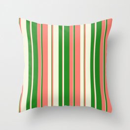 [ Thumbnail: Salmon, Forest Green & Beige Colored Lined Pattern Throw Pillow ]