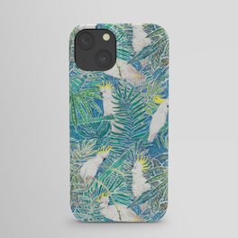 cockatoos playing around in a tropical garden watercolor iPhone Case