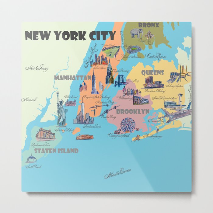 New York City Fine Art Print Retro Vintage Favorite Map with Touristic Highlights Metal Print