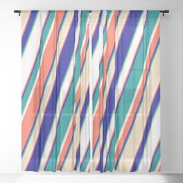 [ Thumbnail: Red, Dark Blue, Dark Cyan, Tan & White Colored Lined/Striped Pattern Sheer Curtain ]