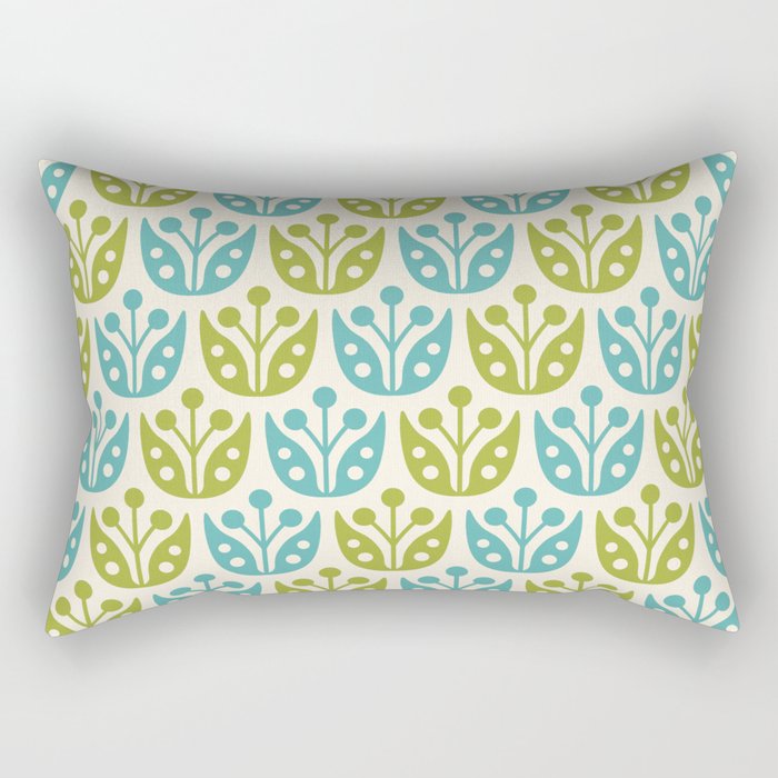 Retro Mid Century Modern Floral Pattern 101 Mid Mod Googie Blue and Olive Green Rectangular Pillow