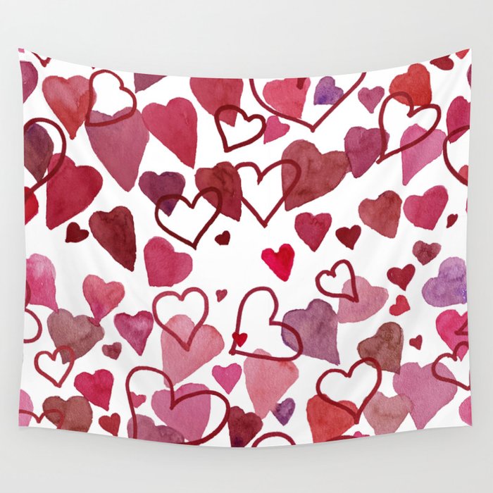 Watercolour Hearts Red Wall Tapestry