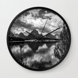 Dreaming of Mountains - Nostalgic View of Grand Tetons at Jackson Lake in Black and White Wall Clock