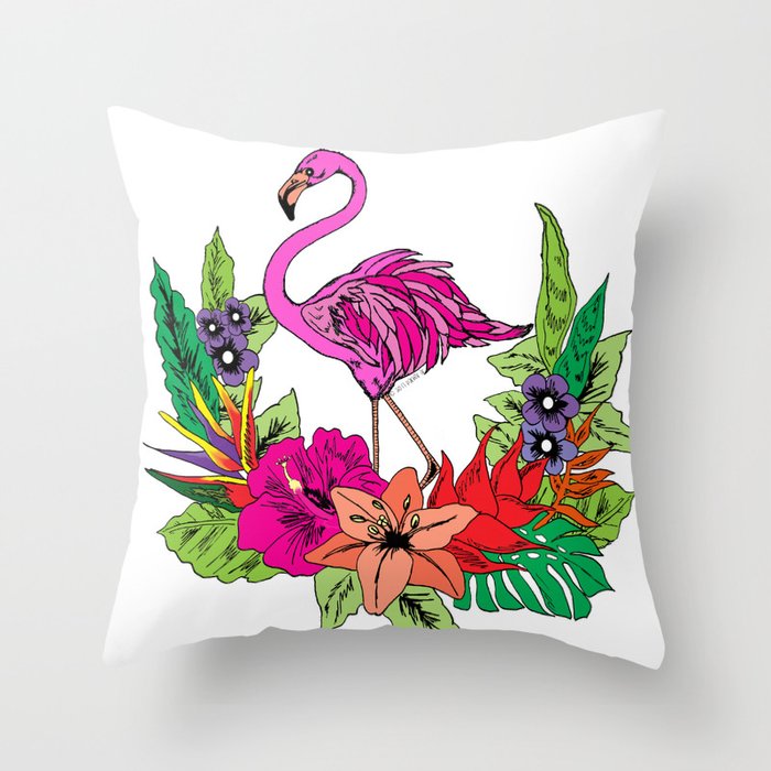 Tropical Floral Flamingo Throw Pillow