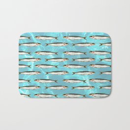 Sardines in the pool Bath Mat | Swimming, Quirky, Pool, Collage, Waves, Graphicdesign, Ocean, Fishing, Turquoise, Funny 