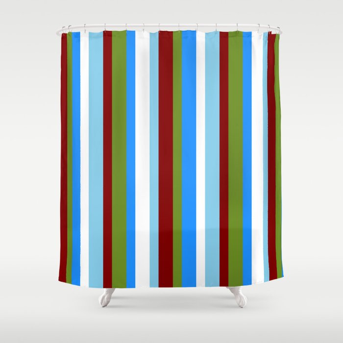 Vibrant Green, Maroon, Sky Blue, White & Blue Colored Stripes Pattern Shower Curtain