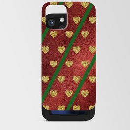 Gold Hearts on a Red Shiny Background with Green Diagonal Lines  iPhone Card Case