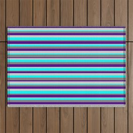 [ Thumbnail: Grey, Indigo, Light Gray, and Cyan Colored Striped Pattern Outdoor Rug ]