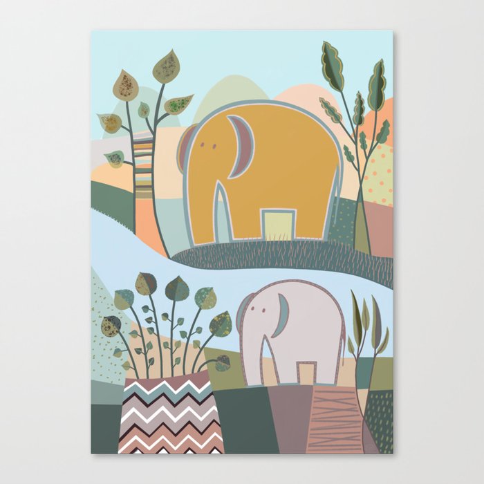 Two Elephants, Trees and a Vase Canvas Print