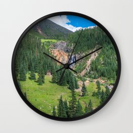 Cabin and Waterfall in the Mountains Wall Clock