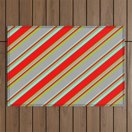 [ Thumbnail: Dark Gray, Aquamarine, Red & Green Colored Lines Pattern Outdoor Rug ]