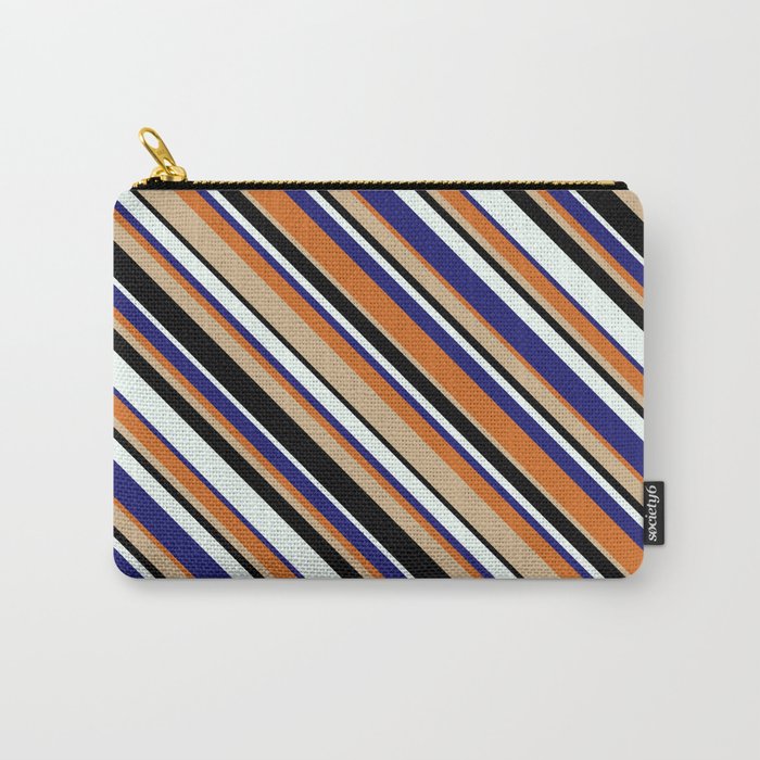 Eyecatching Tan, Black, Mint Cream, Midnight Blue & Chocolate Colored Striped Pattern Carry-All Pouch