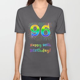 [ Thumbnail: 96th Birthday - Fun Rainbow Spectrum Gradient Pattern Text, Bursting Fireworks Inspired Background V Neck T Shirt V-Neck T-Shirt ]
