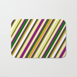 [ Thumbnail: Tan, Purple, Dark Green, Goldenrod, and White Colored Lined/Striped Pattern Bath Mat ]