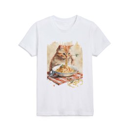 Watercolor funny animal illustration - a cute cat eating spaghetti Kids T Shirt