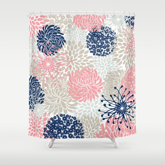 Fl Mixed Blooms Blush Pink Navy, Pink And Beige Shower Curtain