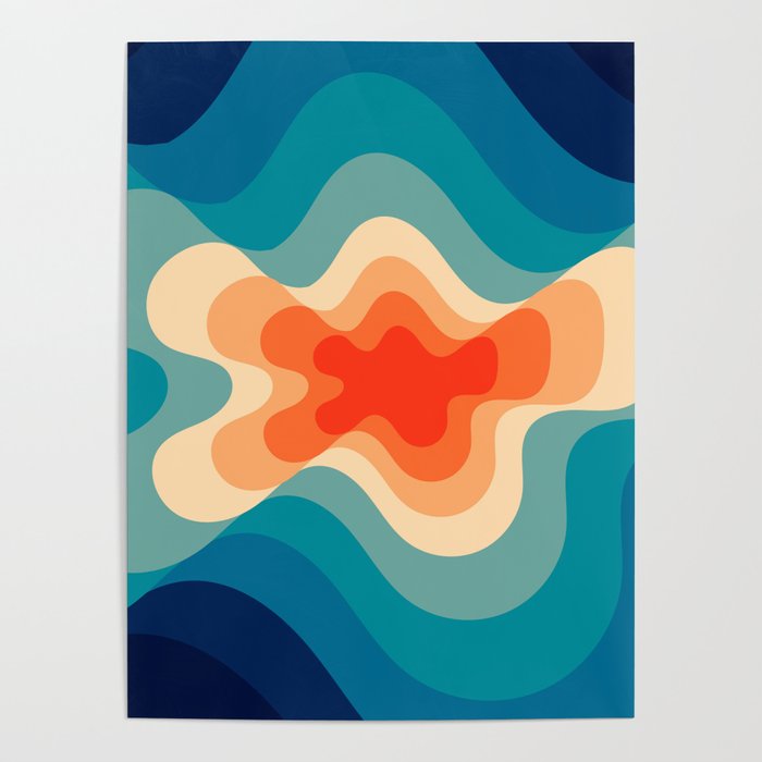 Retro 80s Blue and Orange Mid-Century Minimalist Abstract Art Poster
