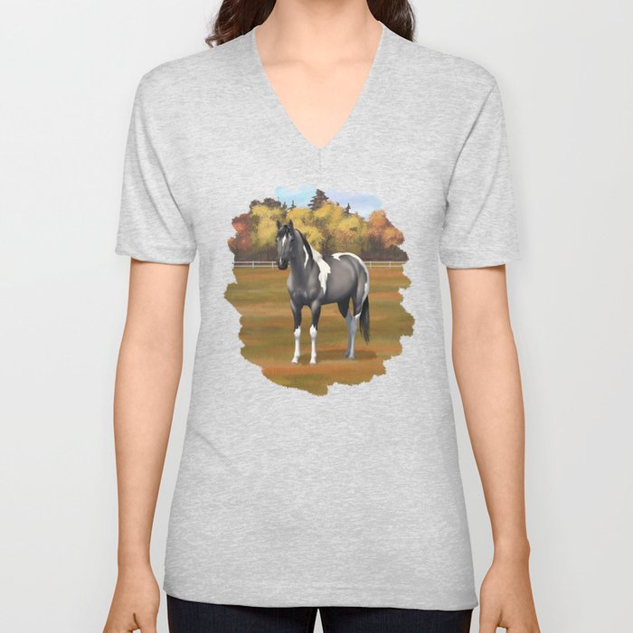 Gray Pinto Grulla Paint Horse V Neck T Shirt