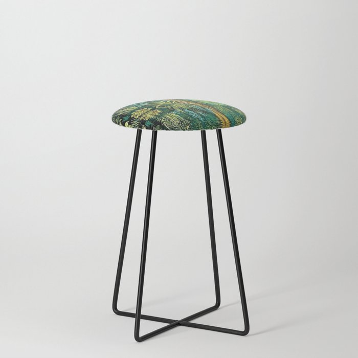 Tree of Life reflecting water of garden lily pond emerald twilight rainforest river nature landscape painting Counter Stool