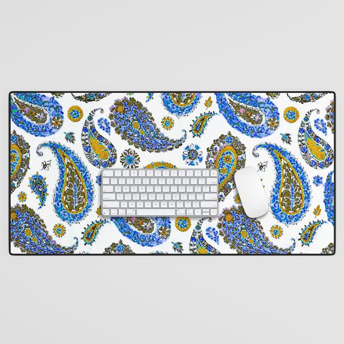 Blue Gold Garden Floral Paisley Desk Mat